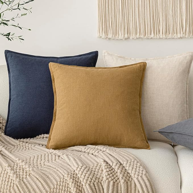 Foindtower Pack of 2, Decorative Linen Soild Throw Pillow Covers Soft Accent Cushion Case Boho Farmhouse Pillowcase for Chair Couch Sofa Bedroom Living Room Home Decor 18 x 18 Inch Honey Mustard