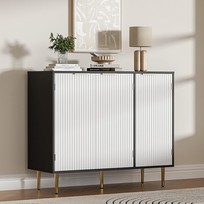 Fluted Buffet Sideboard with 3 Doors, Modern Accent Cabinet with Adjustable Shelves, Kitchen Storage Cabinet with Golden Handles, Coffee Bar for Kitchen, Black & White
