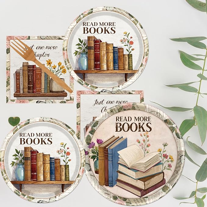 Rakuto Book Themed Party Tableware Decorations, 96PCS Book Club Paper Plates Napkins and Forks, Library Reading Club Party Decor, Serve 24