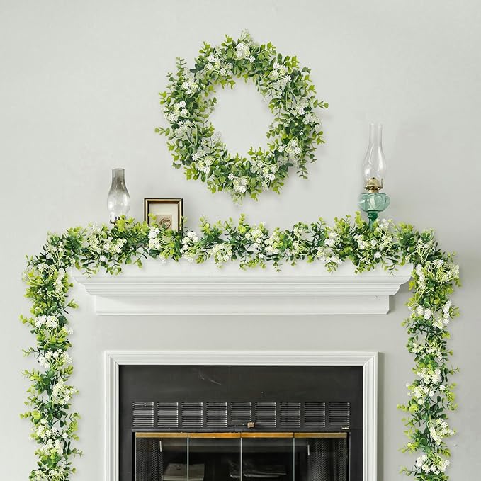 6FT Eucalyptus Garland with Flowers, 6 Pack Artificial Greenery Garland Hanging Spring Eucalyptus Garland Suitable for Table Wedding Backdrop Arch Wall Party UV Protected Indoor Outdoor Decor