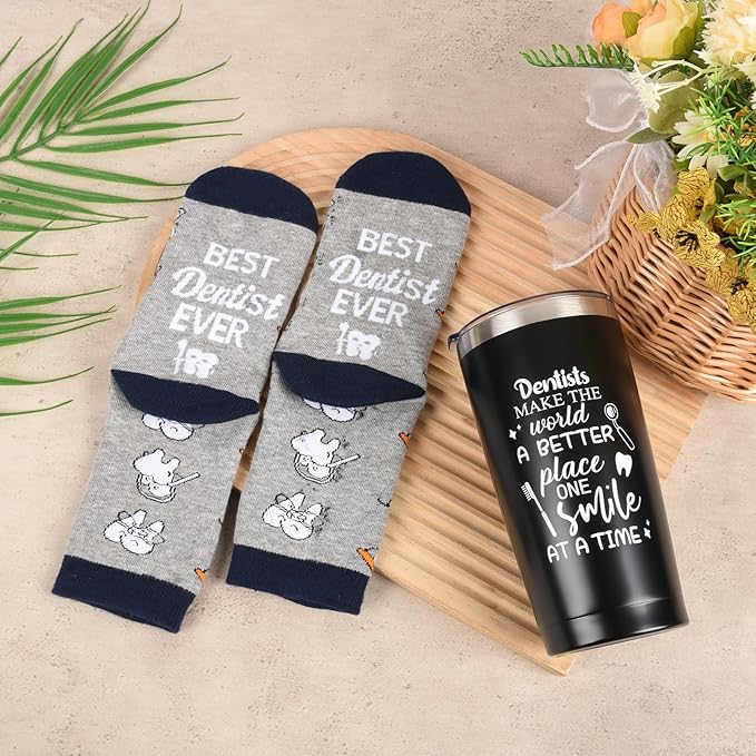 Dentist Gifts for Men Unique Dental Assistant Gifts Funny Dental Hygienist Gift Including Tumbler Mug Socks Badge Reel Holder Makeup Bag Keychain for Birthday Christmas