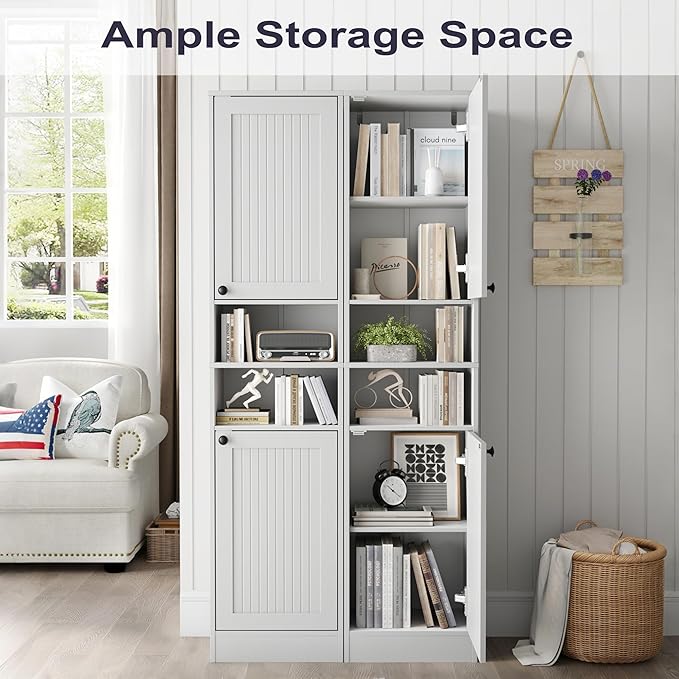 Farmhouse Bathroom Cabinet with 2 Doors, 67" Tall Slim Freestanding Cabinet, Narrow Floor Storage Unit with Open Shelf and Adjustable Shelves for Bathroom, Living Room, Kitchen, White