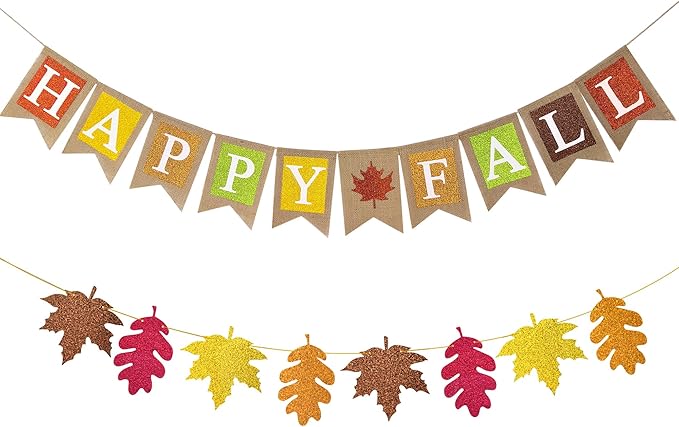 Happy Fall Burlap Banner Glitter Maple Leaf Paper Banner Pre-Assembled Rustic Bunting Garland Hanging Decorations for Autumn Harvest Thanksgiving Home Office School Party Supplie