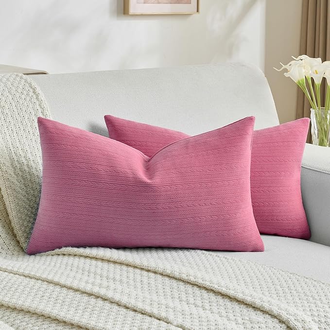 FUTEI Hot Pink Decorative Throw Pillow Covers 12x20 Inch Set of 2,Soft Cozy Wheat Ear Striped Patterns Lumbar Pillow Cases,Modern Home Decor for Couch Bed Living Room