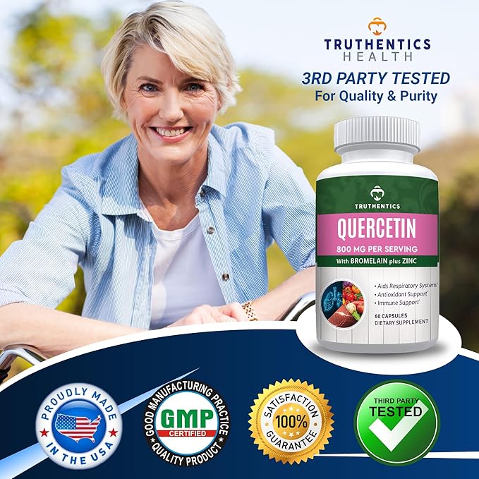 TRUTHENTICS Quercetin with Bromelain and Zinc 1050mg - Premium Zinc Quercetin Supplements for Immune, Respiratory & Seasonal Support - Non-GMO, Gluten Free - 60 Veggie Capsules