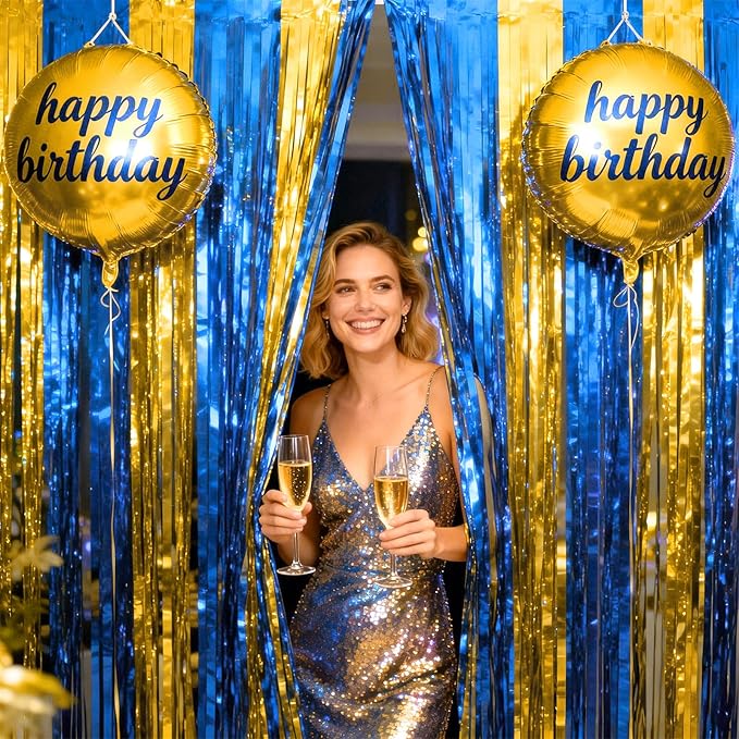 jijAcraft 3 Pack Blue Gold Tinsel Foil Fringe Curtain, Graduation Party Photo Backdrop, Metallic Blue Gold Foil Streamers for Graduation Prom School Decor Boy Birthday Office Party Decorations