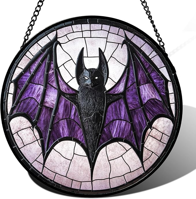 Stained Glass Window Hanging - Halloween Black Bat Purple Wings Monster Suncatcher for Doors Garden Home Spooky Sun Catchers Gothic Decor Horror Gift for Women Men Friend Boy Girl 9.8 in
