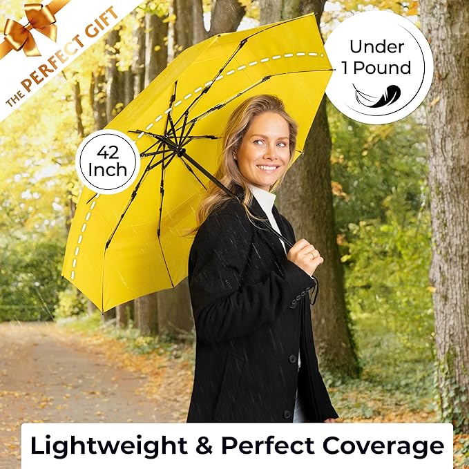 TUMELLA Strongest Windproof Travel Umbrella (Compact, Superior & Beautiful), Small Strong but Light Portable and Automatic Folding Rain Umbrella, Durable Premium Grip, Fits Car & Backpack