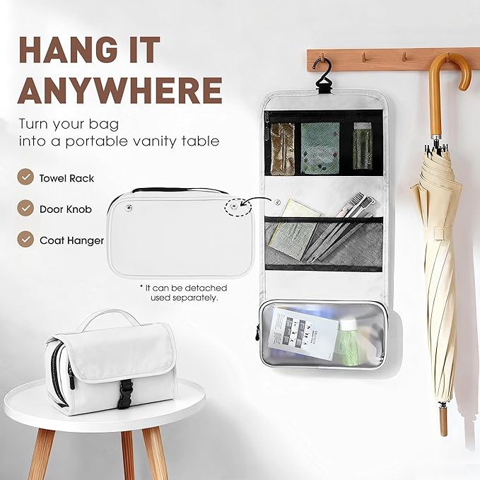 Toncoke Travel Toiletry Bag Set, Hanging Toiletry Bag Premium Faux Leather, Toiletry Bag for Women & Men, Travel Essentials Makeup Bag Water-resistant, White