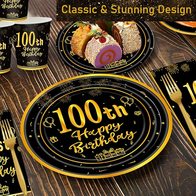 120Pcs 100th Birthday Party Supplies Plates Napkins Cups Forks Tableware Set Gold Black Happy 100th Birthday Themed Disposable Tableware Decoration Serves 24 Guests for Men Women 100 Years Old