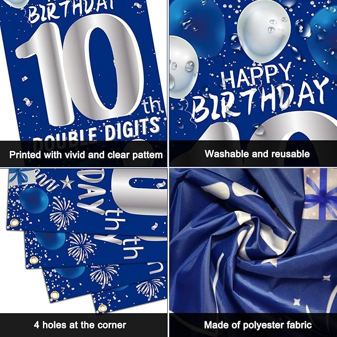 10th Birthday Decorations for Boys Girls, Blue Silver 10th Birthday Decorations Backdrop with Happy 10th Birthday Banner, Number 10 Hanging Swirls, Triangle Flag, 10 Years Old Party Decor Supplies