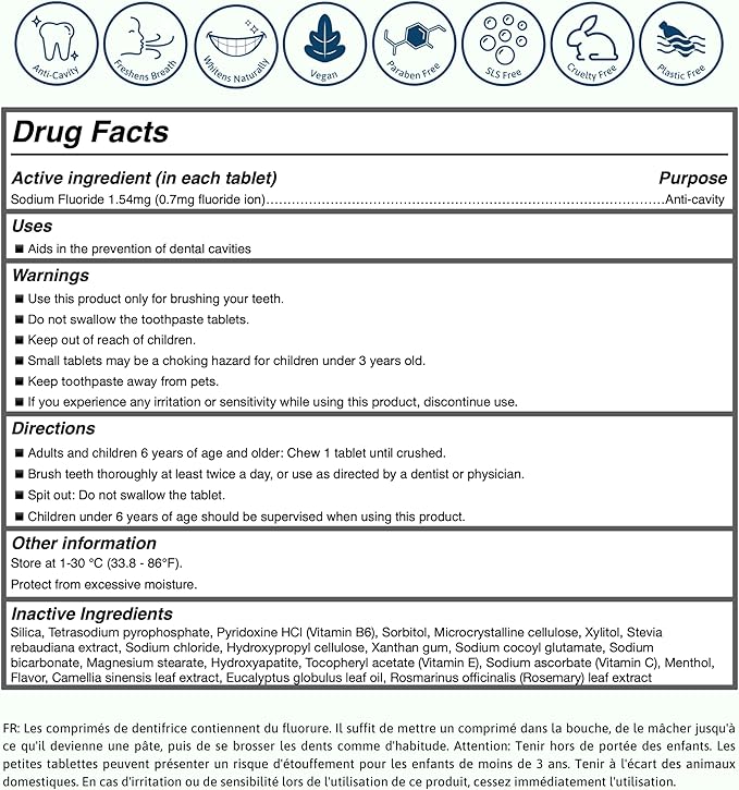 Smile More Toothpaste Tablets with Fluoride, Anti-Cavity, Vegan, Zero Waste, Eco-Friendly, Travel Friendly, 1 Month Supply Refill (62 Tablets) (Fresh Minty Yuzu)