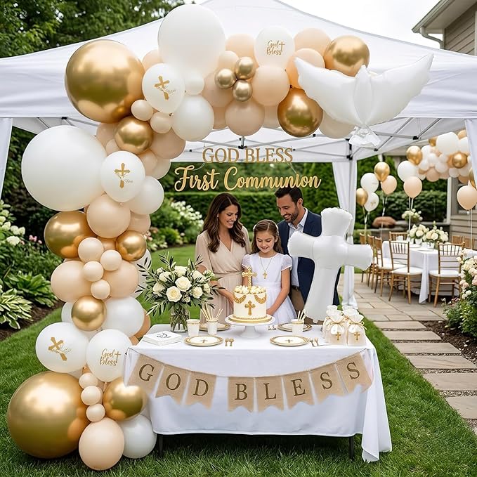 God Bless Baptism Decorations Kit Sand White & Pearl Champagne Gold Balloon Garland Arch - Dove Cross Foil Balloons, Banner for Christening, First Holy Communion, Confirmation, Religious Party