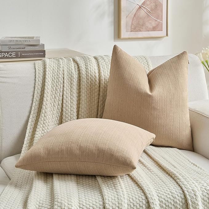 FUTEI Khaki Decorative Throw Pillow Covers 16x16 Inch Set of 2,Soft Cozy Wheat Ear Striped Patterns Cushion Cases,Modern Home Decor for Couch Bed Living Room