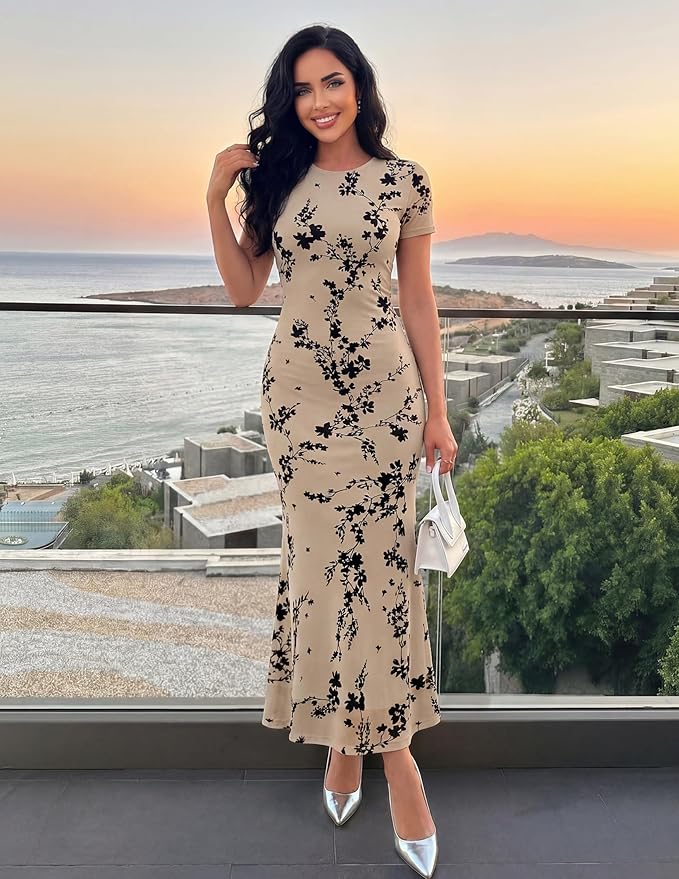 ZESICA Women's Summer Floral Bodycon Long Dress 2026 Ruched Mesh Formal Cocktail Party Wedding Guest Maxi Dresses