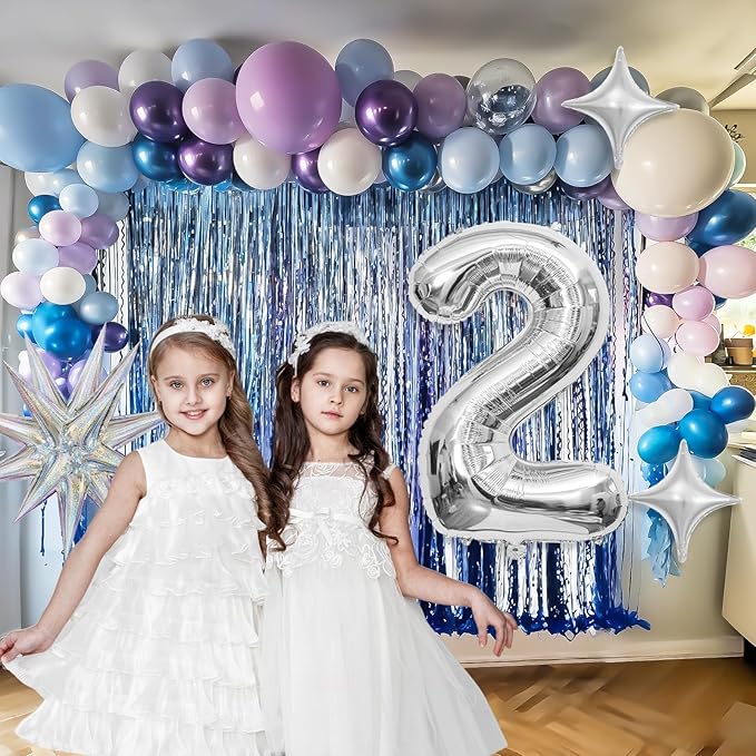Snow 2nd Birthday Decorations Girl, Snowflake Balloon Garland Arch Kit, Laser Explosion Star Balloons, Silver Number 2 Balloon Tower for Baby Shower Girls 2nd Snow Theme Party Supplies