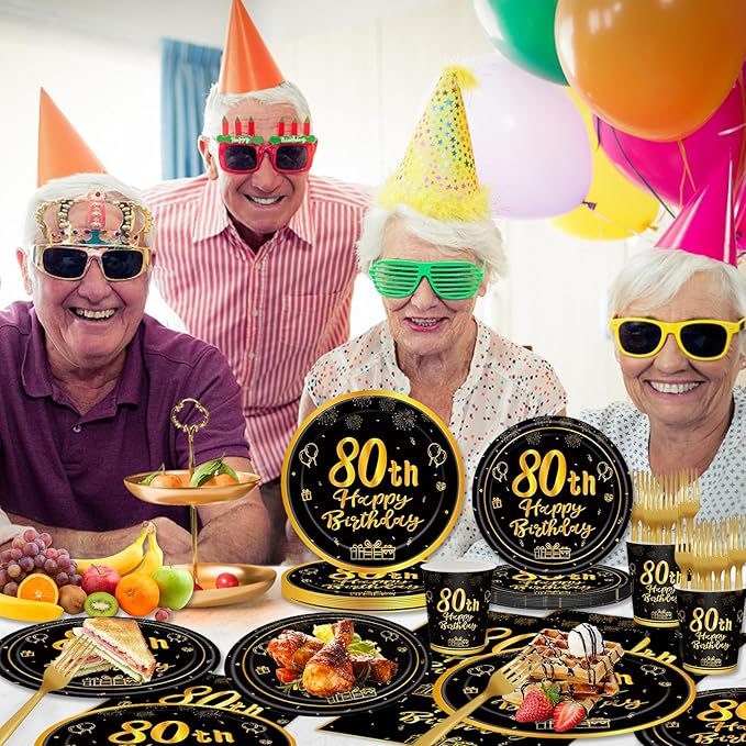 120Pcs 80th Birthday Party Supplies Plates Napkins Cups Forks Tableware Set Gold Black Happy 80th Birthday Themed Disposable Tableware Decoration Serves 24 Guests for Men Women 80 Years Old
