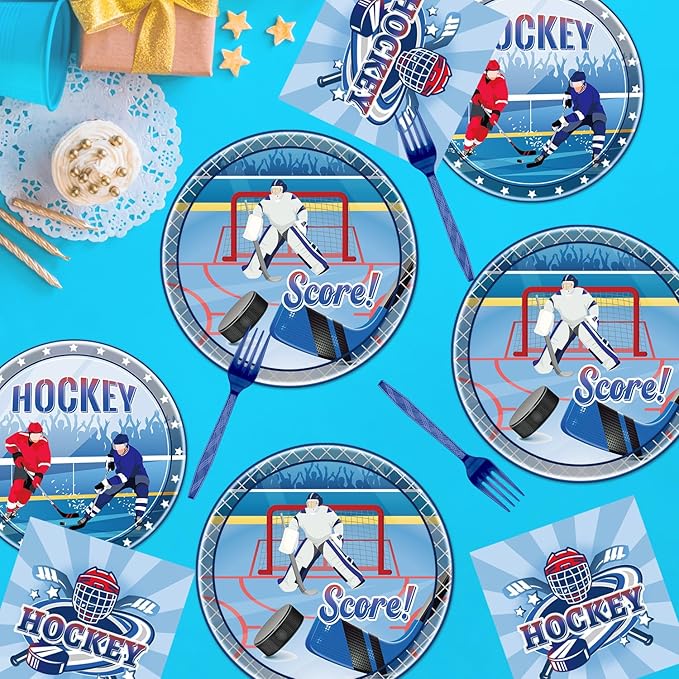 Rakuto Hockey Birthday Decorations Supplies, 96PCS Disposable Hockey Paper Plates and Napkins Forks, Sports Party Baby Shower Decor Tableware Set Dinnerware (24 Guests)