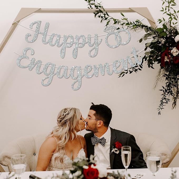 BEISHIDA Glitter Happy Engagement Banner-No DIY, Engagement Party Decorations,Bridal Garland Sign Wedding Party Supplies （Silver）
