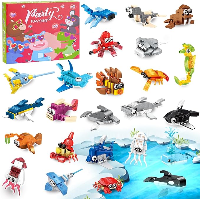 24-piece Valentine's Day Gift Set, Ocean Life Building Blocks, Suitable for Boys and Girls - Valentine's Day Party Gifts, Classroom Exchange Gifts, School Reward Items