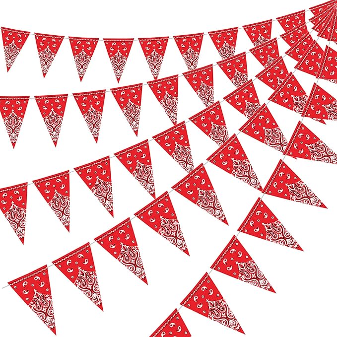 Boao 5 Pack Western Cowboy Party Decorations Bandana Pennant Banner Wild West Decor Western Cowboy Themed Yee Haw Country Party Decoration Supplies 9.8 x 5 ft(Red Paisley)