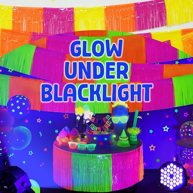 Mega-L Glow in The Dark Party Supplies, 4 Pack Foil Fringe Garland Birthday Party Decorations 9.8 ft Fluorescent Macaron Orange, Yellow and Fuchsia Metallic Tinsel Banner, Photo Booth Prop Table Skirt