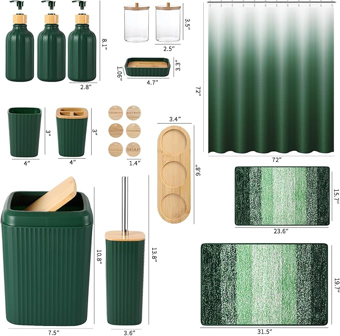 32PCS Dark Green Bathroom Accessories Set with Shower Curtain,Rugs,Trash Can,3PCS Lotion Soap Dispenser, Toothbrush Holder, Soap Dish,Tumbler Cup,6PCS Wood Tags Bath Accessories with Tray for Bathroom