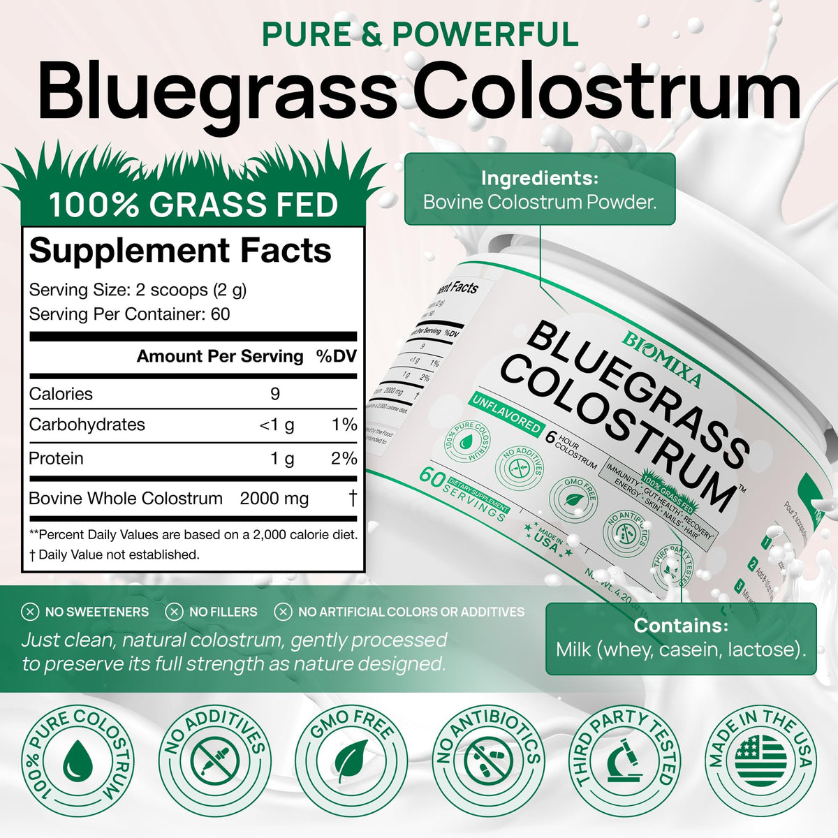 Bovine Colostrum Supplement - 100% Pure Whole Colostrum Powder - Grass-Fed, Unflavored, No Additives, Gut & Immune Support, Natural IgG, 60 Servings - Made in USA