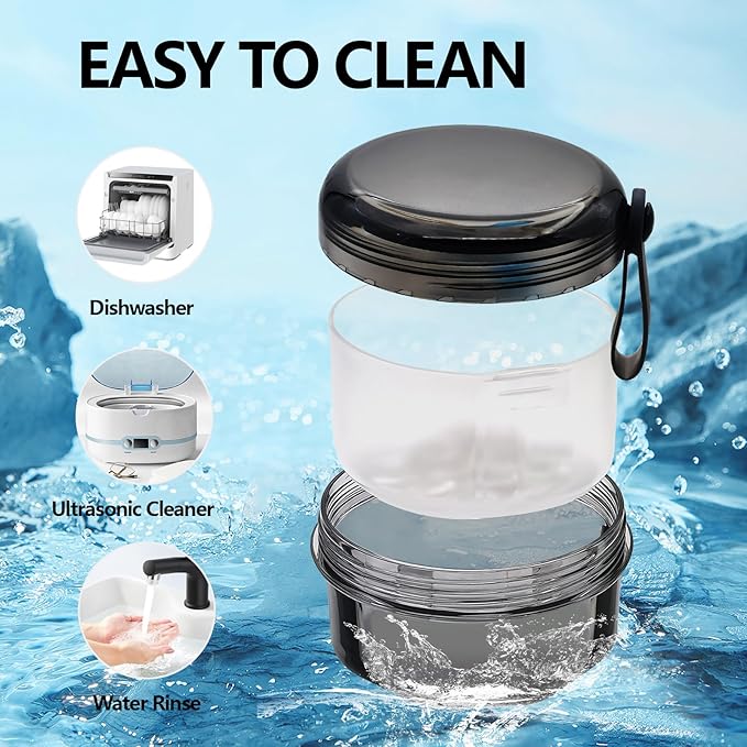 Leak Proof Denture Cups for Soaking Dentures, Partial Denture Bath Case Travel Retainer Cleaning Container Case with Brush for Aligner, Denture, Mouth Guard - Transparent Black