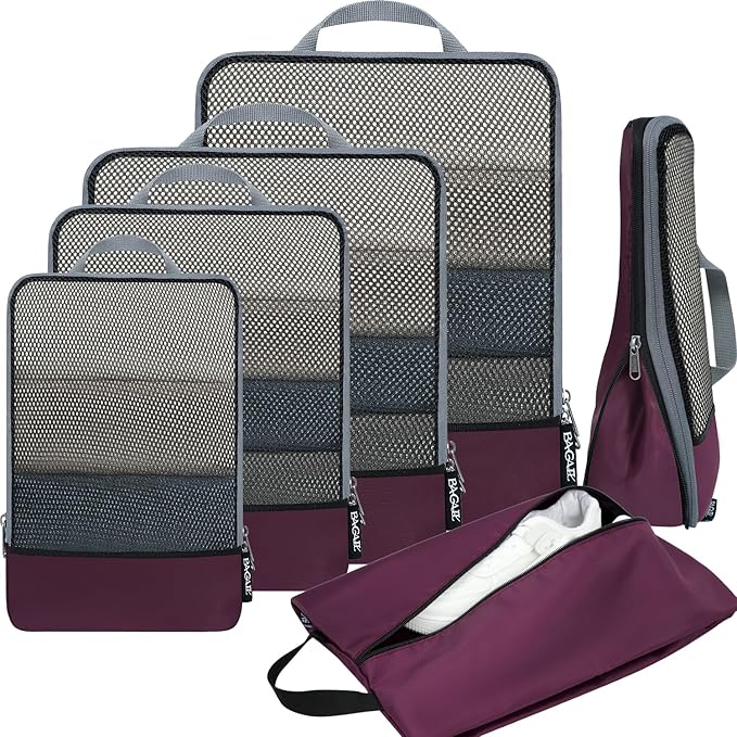 BAGAIL 4 Set/6 Set/8 Set Compression Packing Cubes Travel Accessories Expandable Packing Organizers (Half Mesh, 6-Burgundy)