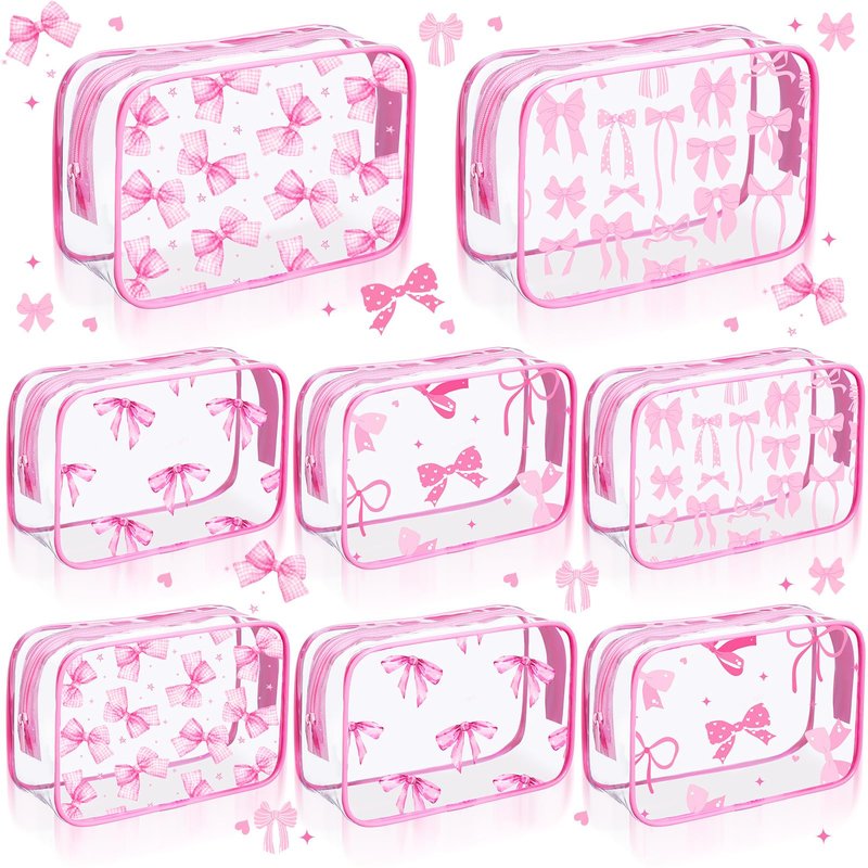 Kacctyen 8 Pcs Pink Bow Makeup Bag Coquette Party Favors Clear Preppy PVC Cosmetic Bags Aesthetic Waterproof Travel Toiletry Zipper Pouch for Women Girls Wedding Bachelorette Gifts