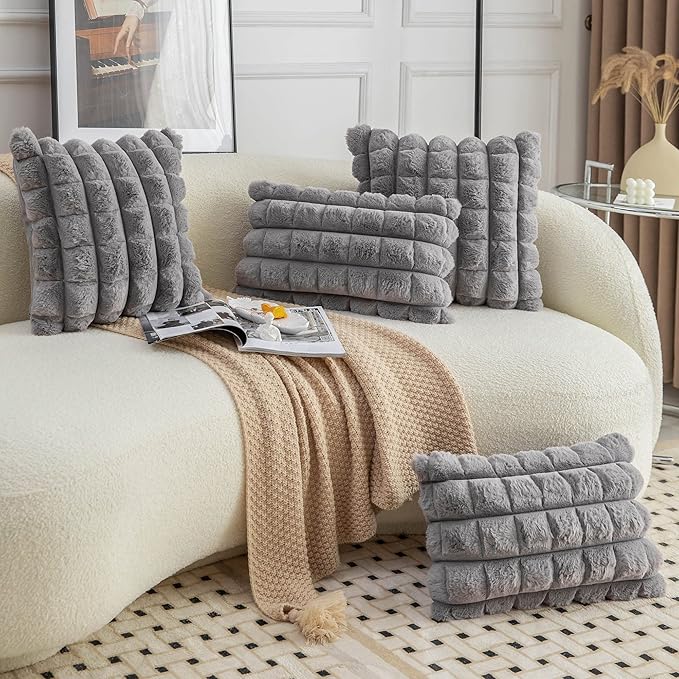 Neelvin Grey Faux Fur Cozy Soft Plaid Decorative Throw Pillow Covers 24x24 inch Set of 2,Velvet Pillowcase Cushion Case for Sofa Couch