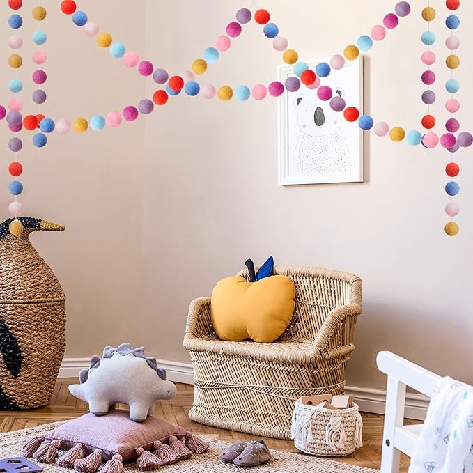 Boao 2 Pieces Wool Felt Ball Garland Colorful Pom Pom Garland Handmade 6.5 Feet Long 24 Balls Felt Banner for Wall Christmas Tree Decoration (Lovely Colors)