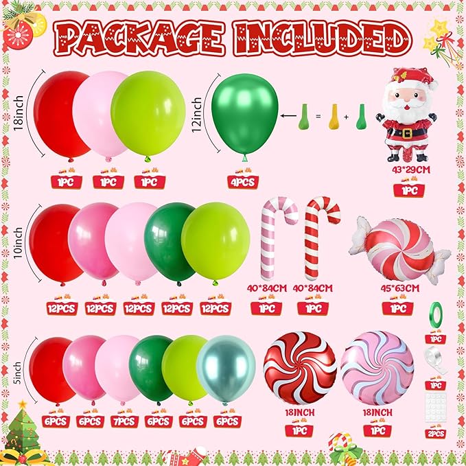 FunHot Christmas Balloon Arch Kit, Xmas Fruit Green Pink Balloon Garland, Hot Pink Red Metallic Green Latex Balloons with Candy Cane Santa Claus Windmill Foil Balloons for Christmas Party Decorations