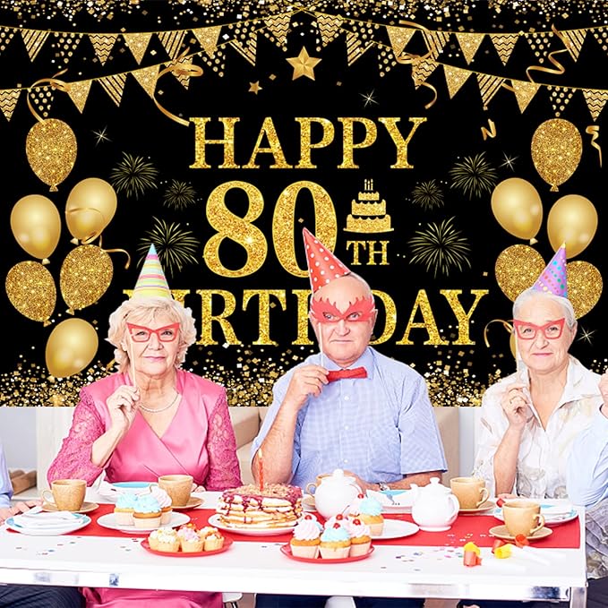 80th Birthday Decorations for Men Women - Happy 80th Birthday Banners Decorations Black Gold 80 Years Birthday Party Favor Backdrop for 80th Birthday Party Sign Decor (71 x 45 inch)