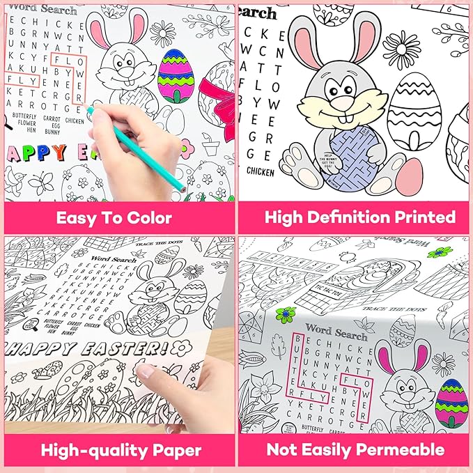 1 Pack Happy Easter Coloring Tablecloth for Kids - Giant Easter Color-in Paper Poster, Rectangle Easter Bunny Activity Coloring Table Cloth for Spring Easters Party Decorations Favors, 54 x 108 Inch