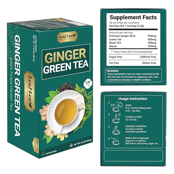 LeafLea Ginger Green Tea, 40 Individually Wrapped Tea Bags of Soothing Green Tea Blend with Natural Ginger Root, Sweetened with Stevia, Supports Digestion and Immunity, Low Caffeine, Sugar-Free