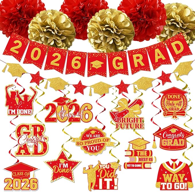 Red and Gold Graduation Decorations, 2026 Grad Banner and Congrats Grad Hanging Swirls, Red and Gold Graduation Banner Graduations Hanging Swirls College Graduations Party Decorations Class of 2026