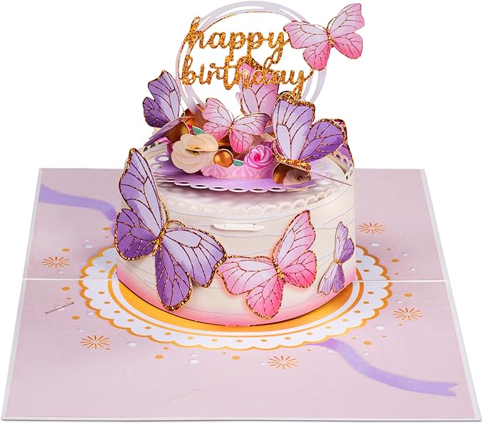 Paper Love Butterfly Birthday Cake, 3D Pop Up Birthday Card, For Adults or Kids - 5"x7" Cover - Includes Envelope and Note Tag