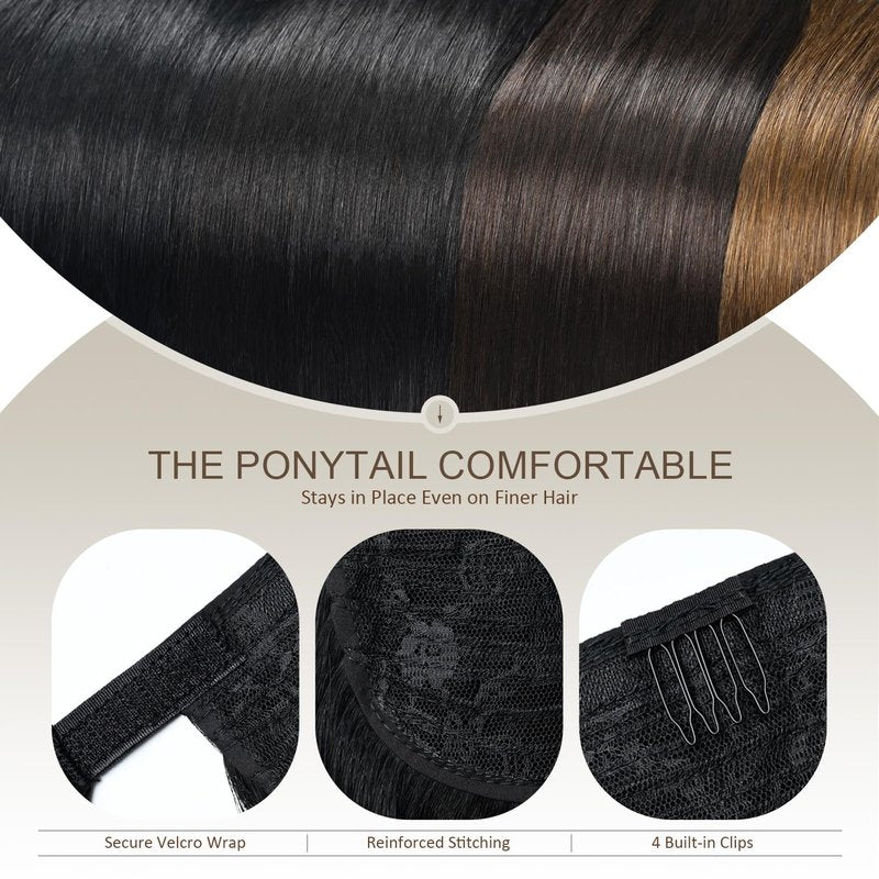 JIAMEISI Ponytail Extension Human Hair Wrap Around Clip in Hair Piece Ponytail Extension Human Hair Straight Ponytail Hair Extensions with Magic Paste 70G 16 Inch #2 Darkest Brown