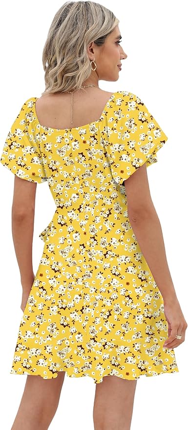 Sampeel Womens Summer Dresses Square Neck Puff Sleeve Tie Waist Short Dress