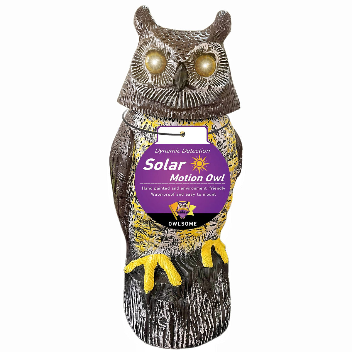 Owlsome Solar Owl with Glowing Eyes, Rotating Head, Hoot Sound, Motion Detector and Silent Mode, Plastic Owl Garden Sculpture, Garden Decoration