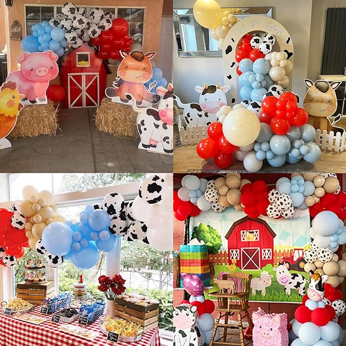 Farm Animal Theme Balloon Garland Arch Kit Red Blue White Latex Balloons Garland with Cow Print Balloons for Kid Barn Yard Farmhouse Country Western Cowboy Birthday Party Supplies Decoration