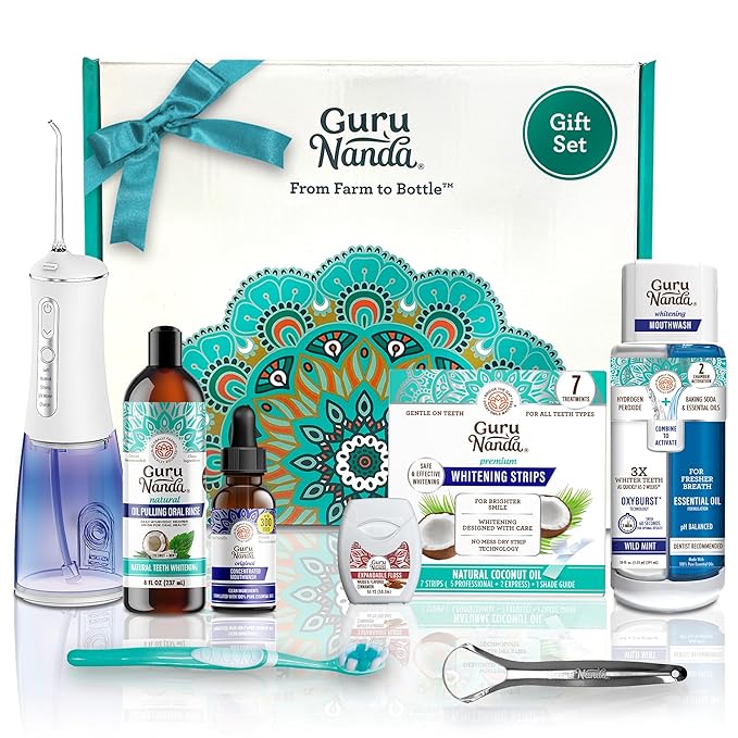 GuruNanda 7-Step Regimen 1.0 - Oil Pulling, Toothbrush, Tongue Scraper, Floss, Water Flosser, Mouthwash, Whitening Strips for Complete Oral Care (Pack of 8)