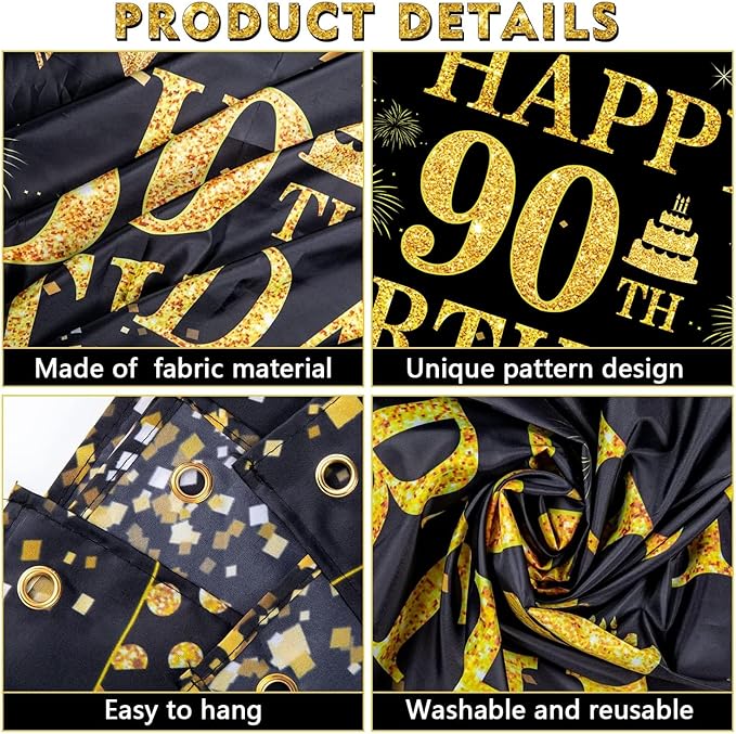 90th Birthday Decorations for Women Men - Happy 90th Birthday Banner Decorations Black Gold Welcome Background Sign for Cheers 90 Years Birthday Party Supplies Decor Indoor Outdoor (71 x 45 inch) ﻿