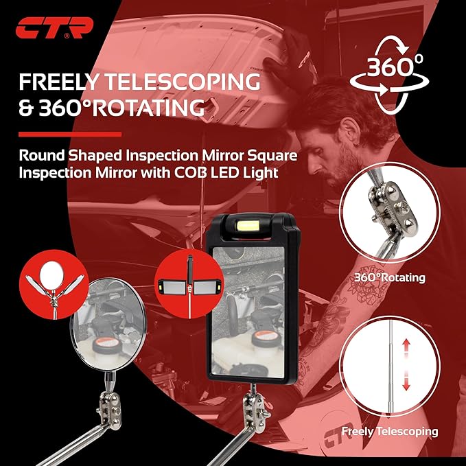 CTR 5PCS Telescoping Magnetic Pickup Tool Kit with Super Bright COB LED Square Inspection Mirror, Flexible Magnet Flashlight, Adjustable Inspection Tool with Long Handle - Best Gadgets Gifts for Men
