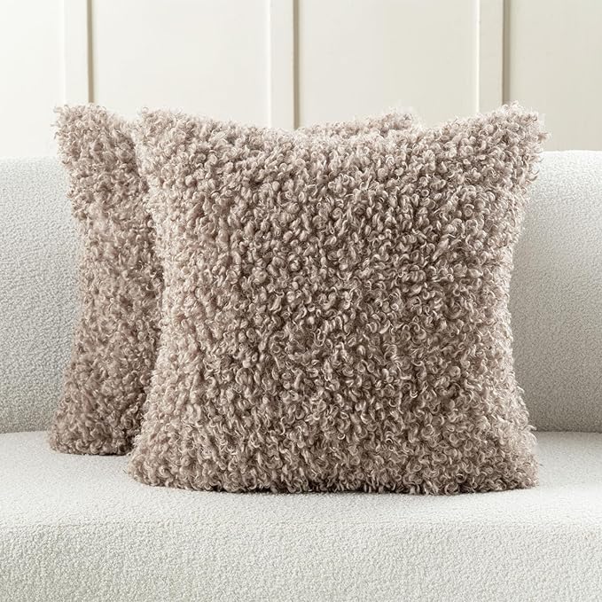 FUTEI Khaki Decorative Throw Pillow Covers 26x26 Inch Set of 2,Soft Fluffy Faux Wool Fur Boucle Textured Euro Pillow Shams,Modern Home Decor for Couch Bed Living Room Office