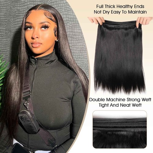 Human Hair Bundles with Closure Straight(14 16 18 +12,Free Part) Closure with 3 Bundles Brazilian Virgin Hair 16A Extensions with Pre Plucked with Baby Hair 4X4 HD Lace Closure Natural Black Color