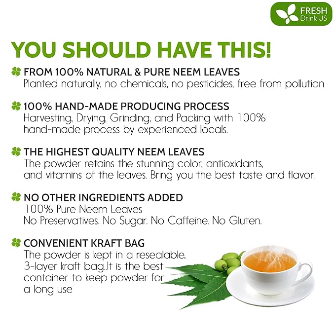 FreshDrinkUS, Premium 20oz Neem Leaf Powder, 100% Natural and Pure from Neem Leaves Dried, for Hair and Skin, No Additives, No Gluten, No Sugar, Vegan