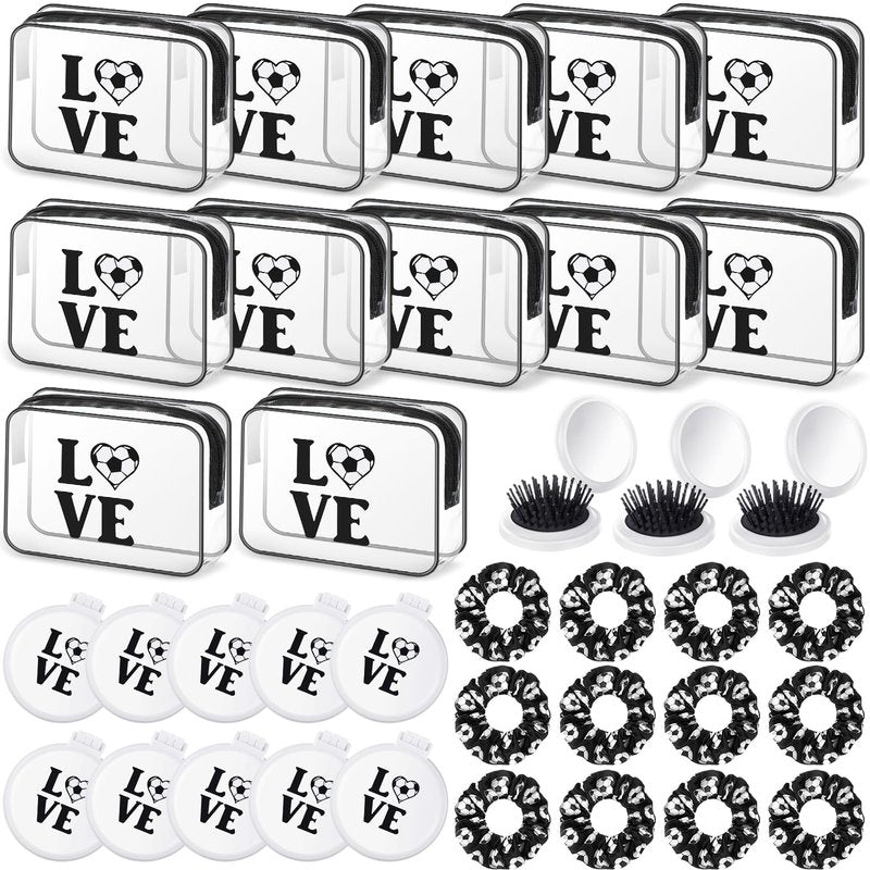Yungyan 36 Pcs Soccer Gifts 12 Soccer Makeup Bag for Women Party Favors Team Gifts with 12 Sport Hair Scrunchies 12 Round Portable Folding Brush